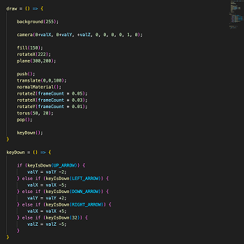 This is the code for the sketch3.js page. I played around with the size of the torus and the plane underneath it. I altered other things within the code but I'm unsure what impact that had.